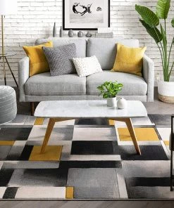 WW Gold Modern Geometric Boxes Squares Pattern Soft Area Rug