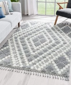 Well Woven Mallorie Grey Cream Tribal Ethnic High-Lo Textured | Diamond Medallion Area Rug