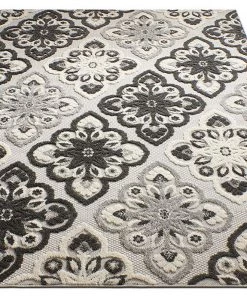 WRG Floral Panel Gray White High Traffic Stain Resistant Indoor Outdoor Area Rug