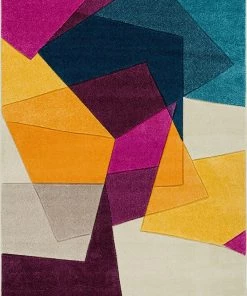 WW Modern Geometric Blue Purple Fuchsia Yellow Comfy Hand Carved Area Rugs