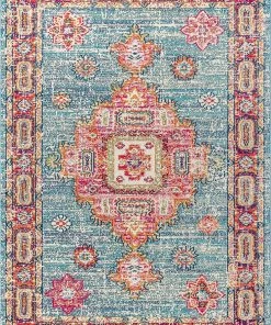 JONATHAN Y Bohemian FLAIR Boho Vintage Medallion Blue/Red Soft Area Rug