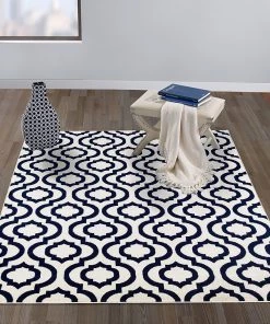 DD All Area Rugs And Runners Trellis Design Ivory/Navy Area Rugs
