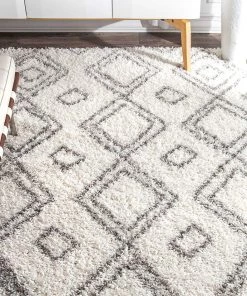 FAS Premium White Grey Trellis Soft Plush Shag Area Rug All Area Rugs And Runners