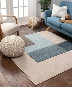 Constance All Area Rugs And Runners Modern Geometric Boxes Pattern Ivory Blue Multi Soft Area Rug