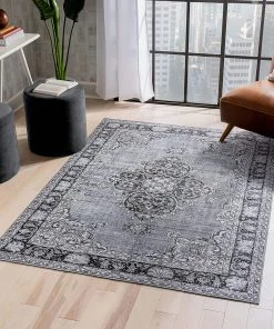 Well Woven Machine Washable Grey Vintage Oriental Medallion Flat Pile Area Rug All Area Rugs And Runners