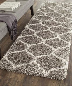 FAS Moroccan Pattern Grey Ivory Plush Shag Area Rug