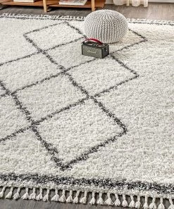 Jonathan Mercer Plush Tassel Moroccan Tribal Geometric Trellis Area Rugs, Cream/Grey All Area Rugs And Runners