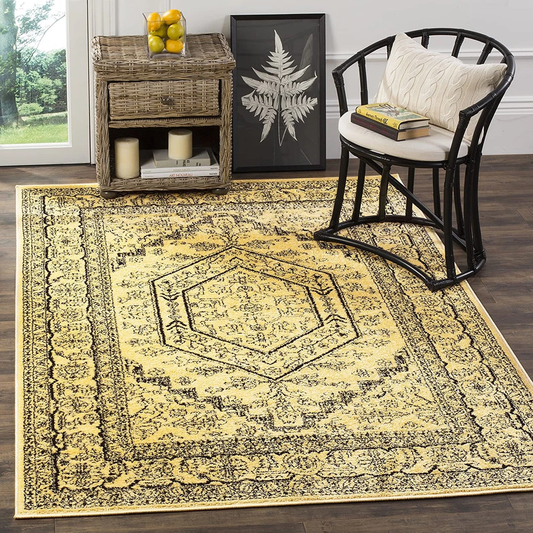 FAS Oriental Vintage Distressed Medallion Gold/Black Soft Area Rug 1 FAS Oriental Vintage Distressed Medallion Gold/Black Soft Area Rug