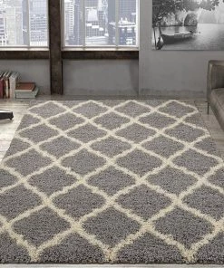 WRG Gray Soft White Shag Trellis Area Rugs