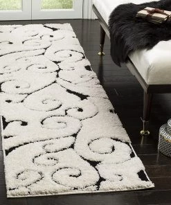 FAS Premium Swirl Thick Plush Ivory/Black Area Shag Rug All Area Rugs And Runners