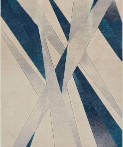 WW Modern Geometric Blue Ivory Comfy Hand Carved Area Rugs