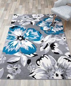 WRG Gray/Grey Teal Blue White Floral Area Rugs