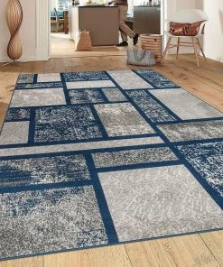 WRG All Area Rugs And Runners Box Pattern Navy Blue Area Rug
