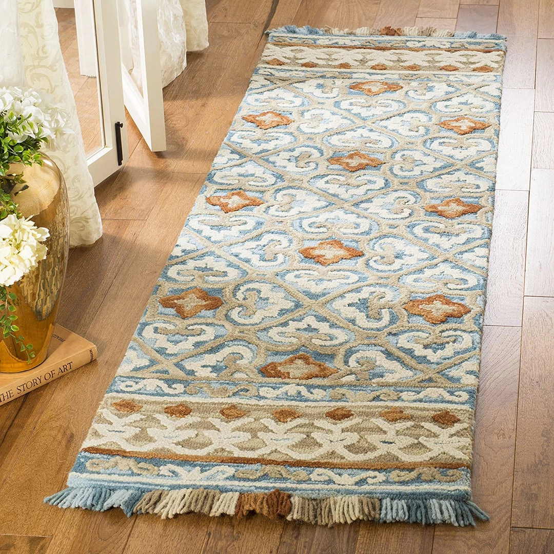 Safavieh All Area Rugs And Runners Blossom Collection BLM420A Handmade Fringe Premium Wool Area Rug, Light Beige / Blue 12 Safavieh All Area Rugs And Runners Blossom Collection BLM420A Handmade Fringe Premium Wool Area Rug, Light Beige / Blue