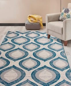 WRG All Area Rugs And Runners Trellis Cream Teal Blue Area Rug