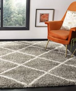 FAS Diamond Trellis Grey/Ivory Soft Plush Area Rug 2-inch Thick