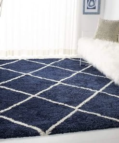 FAS All Area Rugs And Runners Diamond Trellis Navy/Ivory Soft Plush Shag Area Rug 2-inch Thick