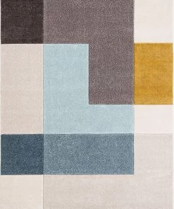 Constance All Area Rugs And Runners Modern Geometric Boxes Pattern Ivory Blue Multi Soft Area Rug