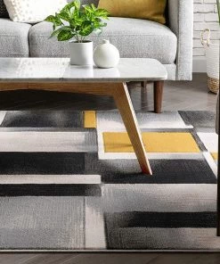 WW Gold Modern Geometric Boxes Squares Pattern Soft Area Rug