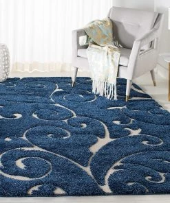 FAS Premium Swirl Thick Plush Dark Blue/Cream Area Shag Rug All Area Rugs And Runners