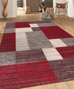 WRG Box Pattern Red Gray Area Rug Non-Slip Non Skid All Area Rugs And Runners