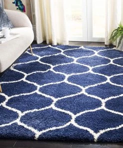 FAS All Area Rugs And Runners Moroccan Pattern Navy Ivory Plush Shag Area Rug