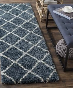 FAS Diamond Trellis Slate Blue/Ivory Soft Plush Shag Area Rug 2-inch Thick