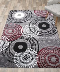 WRG Contemporary Circles Gray/Grey Red White Black Area Rug All Area Rugs And Runners