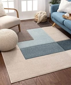 Constance All Area Rugs And Runners Modern Geometric Boxes Pattern Ivory Blue Multi Soft Area Rug