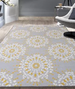 WRG Contemporary Circles Gray Yellow Area Rug Non-Slip (Non-Skid) All Area Rugs And Runners