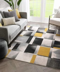 WW Gold Modern Geometric Boxes Squares Pattern Soft Area Rug