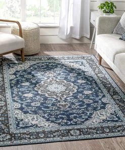 Well Woven Gene Eugene Blue Oriental Medallion Non-Slip Rubber Backed Area Rug