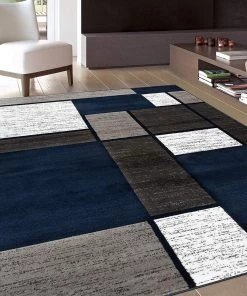 WRG All Area Rugs And Runners Box Pattern Navy Grey White Soft Area Rug
