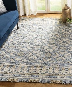 Safavieh All Area Rugs And Runners Blossom Collection BLM420A Handmade Fringe Premium Wool Area Rug, Light Beige / Blue