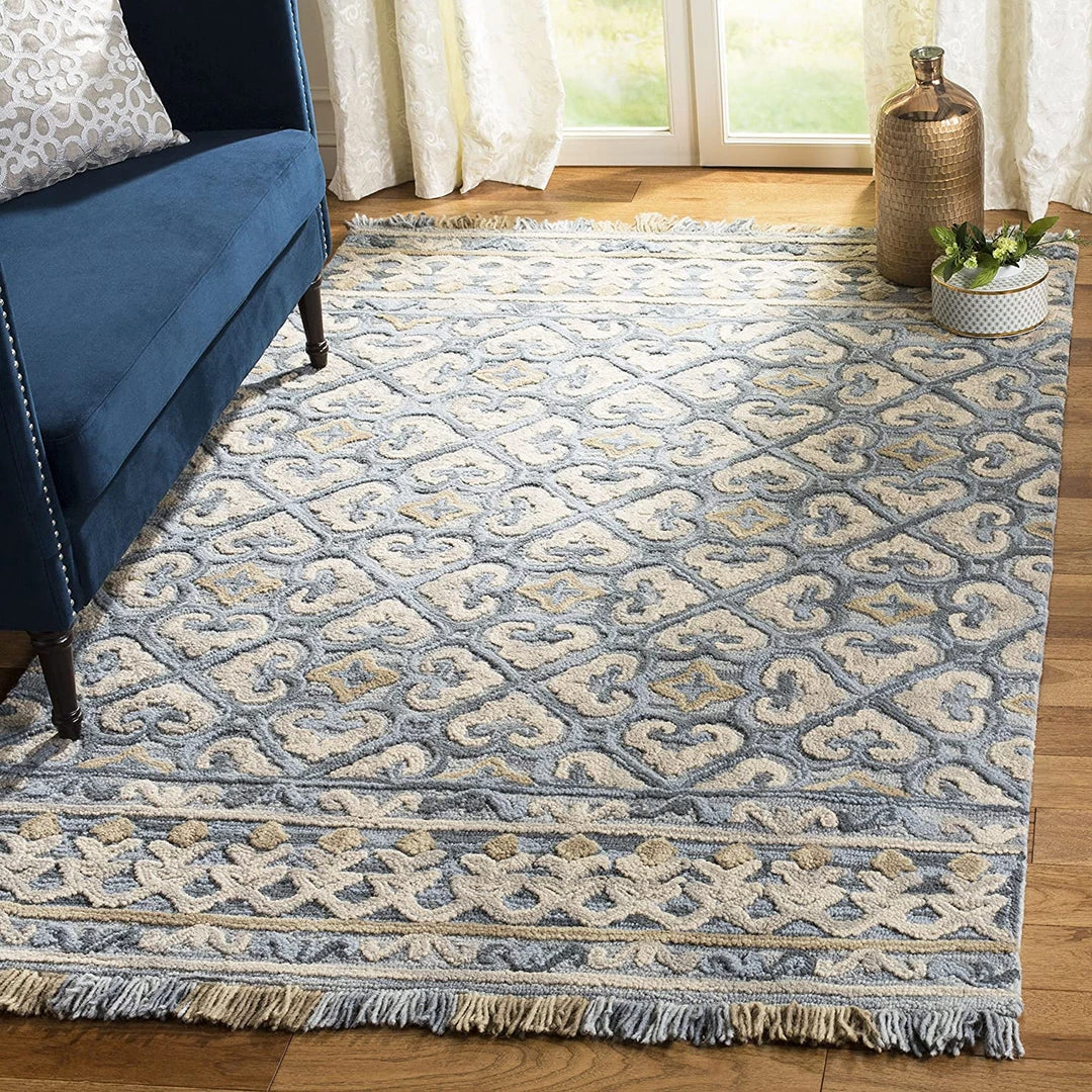 Safavieh All Area Rugs And Runners Blossom Collection BLM420A Handmade Fringe Premium Wool Area Rug, Light Beige / Blue 1 Safavieh All Area Rugs And Runners Blossom Collection BLM420A Handmade Fringe Premium Wool Area Rug, Light Beige / Blue