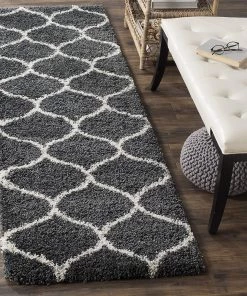 FAS Moroccan Pattern Dark Grey Ivory Plush Shag Area Rug All Area Rugs And Runners