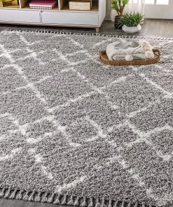Jonathan Mercer Plush Tassel Moroccan Tribal Geometric Trellis Grey/Cream Shag Area Rug All Area Rugs And Runners
