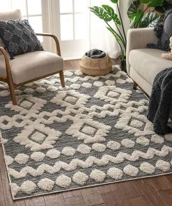 Varda Grey Tribal All Area Rugs And Runners Cenar Grey Flat-Weave Hi-Low Pile Diamond Medallion Stripes Moroccan Tribal Area Rug