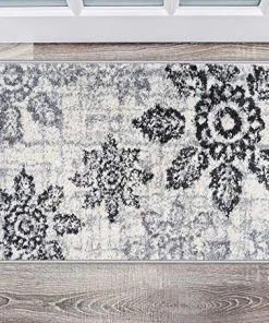 WRG Distressed Floral Soft Ivory Gray Shag Area Rug