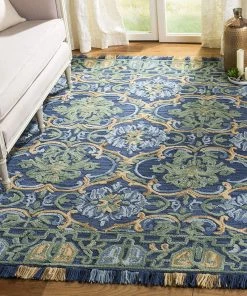 Modern Rugs And Decor Handmade Fringe Premium Wool Area Rug, Navy / Green All Area Rugs And Runners