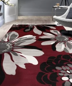 WRG All Area Rugs And Runners Floral Red Gray Black Area Rug