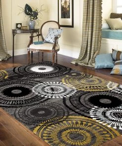 WRG All Area Rugs And Runners Contemporary Circles Gray/Grey Yellow White Black Area Rug