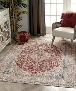 Well Woven Tonti Red Machine Washable Vintage Style Classic Distsressed Persian Area Rug