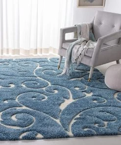 FAS Premium Swirl Thick Plush Light Blue/cream Area Shag Rug