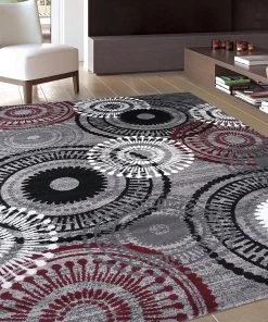WRG Contemporary Circles Gray/Grey Red White Black Area Rug All Area Rugs And Runners