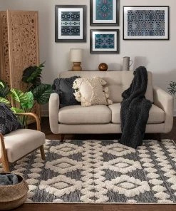 Varda Grey Tribal All Area Rugs And Runners Cenar Grey Flat-Weave Hi-Low Pile Diamond Medallion Stripes Moroccan Tribal Area Rug