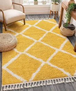 Well Woven All Area Rugs And Runners Celina Yellow Moroccan Shag Diamond Trellis Pattern Area Rug