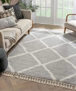 Well Woven Celina Grey Moroccan Shag Diamond Trellis Pattern Area Rug