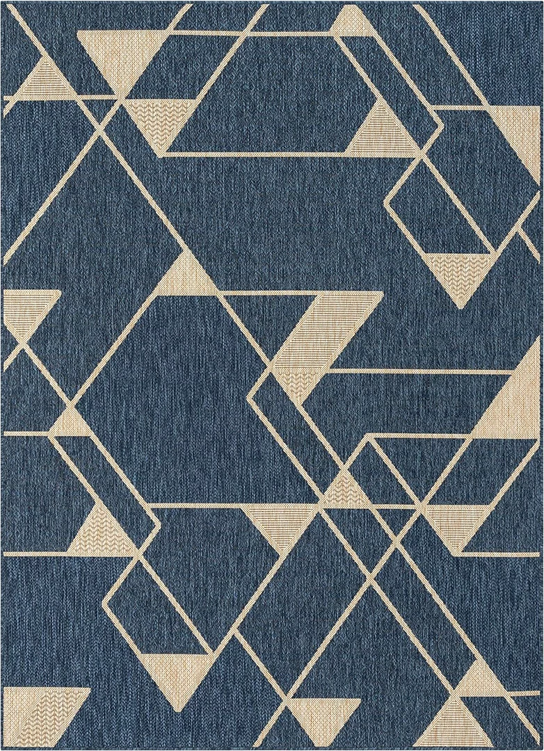 Well Woven Prosa Blue & Beige Indoor/Outdoor Flat Weave Pile Geometric Triangles Pattern Area Rug 2 Well Woven Prosa Blue & Beige Indoor/Outdoor Flat Weave Pile Geometric Triangles Pattern Area Rug