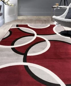 SUP Contemporary Abstract Circles Soft Burgundy Red Gray Area Rug